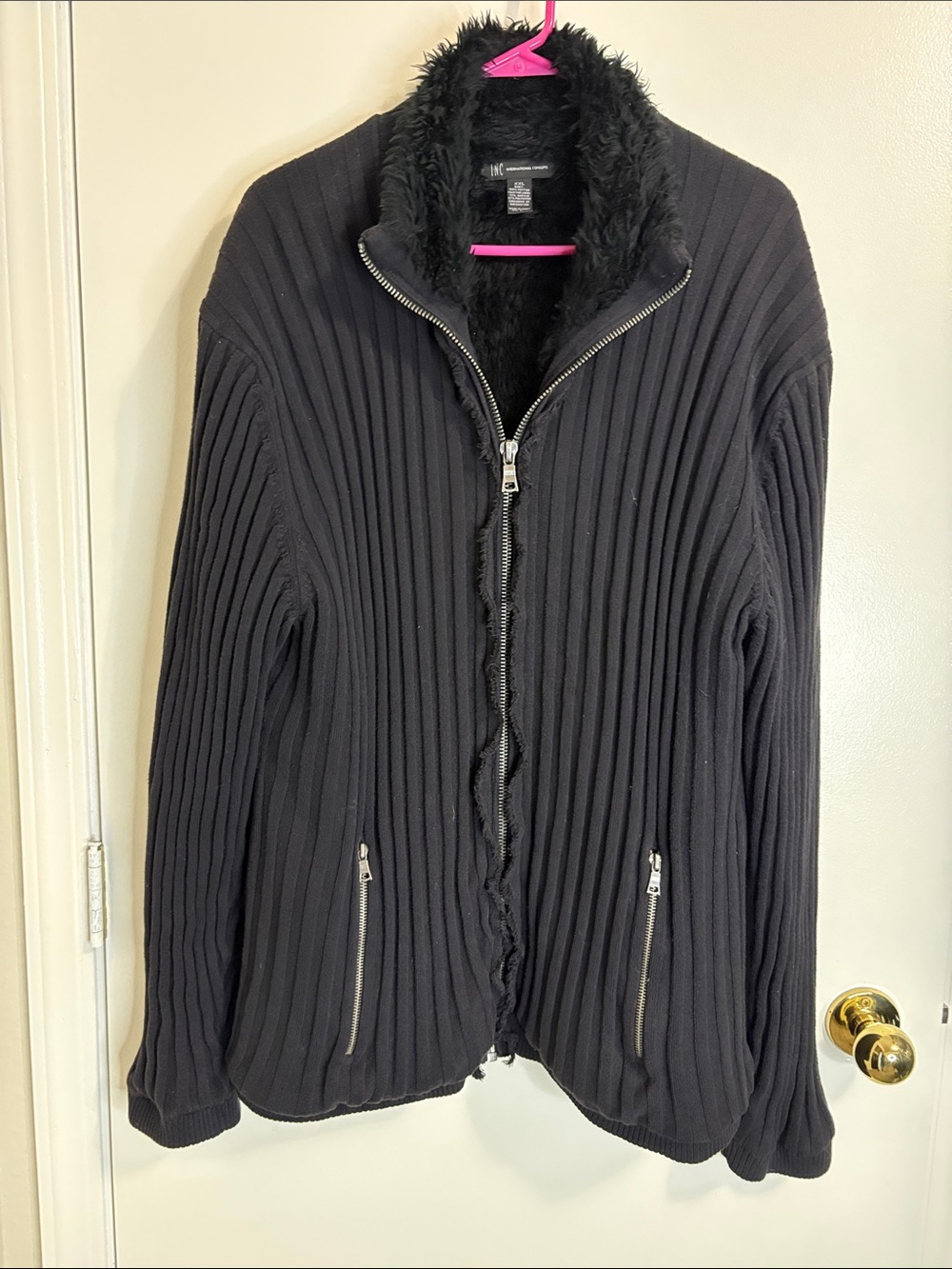 INC International Concepts Black Ribbed Zip-Up Sweater with Faux Fur Collar